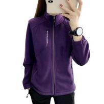 Women Polar Fleece Jacket Stand Collar Zipper Pockets Thick Plush Thermal Cardigan Sport Style Long Sleeves Zip Up Coat for Exercise Jogging XXXL violetinė