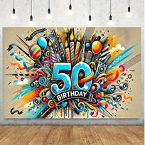 2D plane, 2D plane banner - Vibrant 50th birthday party background banner - in a colorful graffiti style design 47.2x31.5inch/120*80cm
