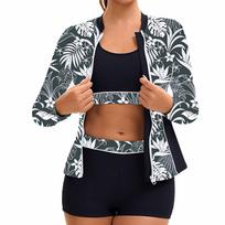 Women Long Sleeve Guard Swimsuit with Front Zipper and Floral Print Design for Sports Activities Beach Pool Use L