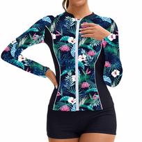 Women Long Sleeve Guard Swimsuit with Front Zipper and Floral Print Design for Sports Activities Beach Pool Use XXXL blue