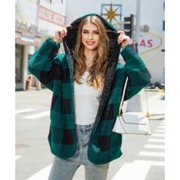 Autumn Winter Women's Plaid Loose Casual Double Fleece Plaid Cardigan Coat, European American Style Fluffy Outerwear L black