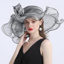 Organza gėlių skrybėlė nuo saulės plačių kraštų skrybėlės nuo saulės vasarinės sulankstomos nėriniuotos kepurės moterims M（56-58cm） gray