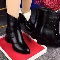 Women's Winter Fleece-Lined Thickened Waterproof Warm Pointed-Toe Short Boots Solid-Color Chunky-Heel Oversized Boots 39