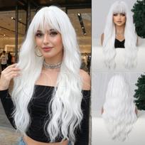 Qi bangs big waves long curly hair high temperature silk natural white age reducing wig female full headgear gray
