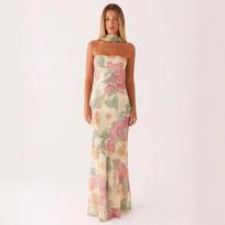 Women's sexy strapless back print slim long dress M beige
