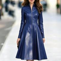 Women's Leather Dress, Long Sleeve Stand Collar Zip-Up Waist-Cinched Flared Maxi Dress L mėlyna