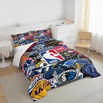 3 Piece Bedding Set with Duvet Cover and 2 Pillowcases - NBA Team Logos Wall Collage Print - Black Multi Color Team Decor 135x200cm