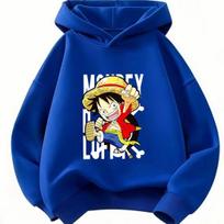 One Piece Monkey D Luffy Chibi Cartoon Print Hoodie Kids Boys Girls Pullover Hooded Sweatshirt Anime Children Streetwear Tops 150 blue