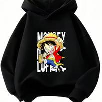 One Piece Monkey D Luffy Chibi Cartoon Print Hoodie Kids Boys Girls Pullover Hooded Sweatshirt Anime Children Streetwear Tops 160 black