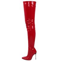 Winter New Women Boots Sexy Pointed Side Zipper Lacquer Leather Thin High Heels Over Knee Long Boots 41 red
