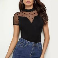 Sexy Mesh Patchwork Stand Collar Short Sleeve Slim Fit Women T Shirt M brown