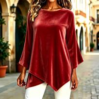 Women's Velvet Long Sleeve Top with Asymmetrical Cross Hem and Neck for Casual Wear XXXL