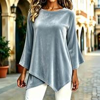 Women's Velvet Long Sleeve Top with Asymmetrical Cross Hem and Neck for Casual Wear XXL gray