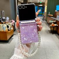 For Samsung Galaxy Z Flip 8 7E 7 6 5 Luxury Shell Pattern Pearl Bracelet Case With Wrist Chain Hard Acrylic Shockproof Cover Galaxy Z Flip6