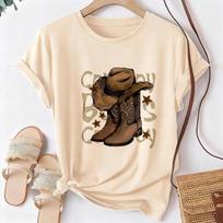 Western Style Boots and Cowboy Hat Letter Print Tshirt 90s Casual Short Sleeve T Shirt Graphic T-Shirt Women's Tees Tops Clothes S white