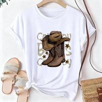 Western Style Boots and Cowboy Hat Letter Print Tshirt 90s Casual Short Sleeve T Shirt Graphic T-Shirt Women's Tees Tops Clothes XL white