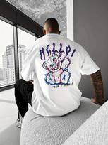 Hello Don't Panic Horror Teddy Bear Graffiti Back Graphic T-Shirt Casual Loose Street Tee 4XL gray