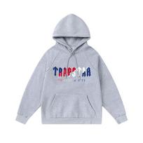 Trapstar Raudonos Mėlynos raidės Siuvinėtas Fleece pamušalu su gobtuvu Megztinis Sportinės kelnės Rinkinys Vyrams Moterims Žieminiai Gatvės drabužiai Medium gray
