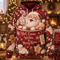 Funny Santa Christmas Hoodie 3D Print Snowboard Gaming Hot Cocoa Reindeer Festive Pullover Holiday Party Winter Gift XXXL beige