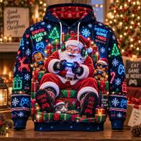 Funny Santa Christmas Hoodie 3D Print Snowboard Gaming Hot Cocoa Reindeer Festive Pullover Holiday Party Winter Gift M blue