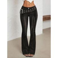 Y2K Vintage Low Waist Cross Belt Washed Raw Hem Flare Jeans Women M