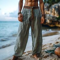 Men's Retro Solid Color Loose Breathable 100% Cotton Casual Pants, European Size Summer Holiday Trousers S gray