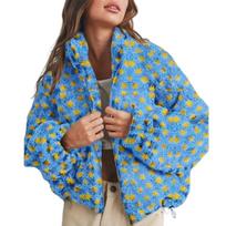 Plush Fleece Stand Collar Jacket In Floral and Check Patterns L brown