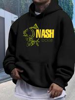 Casual Fleece-Lined Hoodie Sweatshirt with Fish & NASH Graphic Print - Black/Yellow XL black