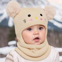 Cartoon Embroidered Knit Balaclava Hat Double Pompom Windproof Ear Protection Caps Cold Proof Full Face Neck Cover For Children beige
