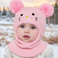 Cartoon Embroidered Knit Balaclava Hat Double Pompom Windproof Ear Protection Caps Cold Proof Full Face Neck Cover For Children gray
