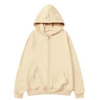 Unisex Solid Color Fleece Hooded Zip Up Sweatshirt Loose Fit 2XL beige