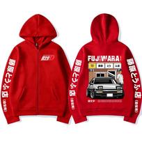 Anime Initial D Drift AE86 Racing Car Zipper Hoodie Takumi Fujiwara R34 Skyline JDM Zip Up Hoodies Men Vintage Casual Sweatshirt XL red