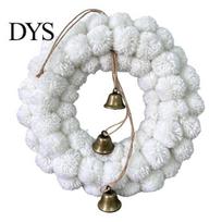 Fluffy Pom Wreath Plush Christmas Wreath, White Pompom Balls with Reusable Holiday Ornament Bells for Front Door, Winter Home Window Fireplace Without Light gray