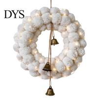 Fluffy Pom Wreath Plush Christmas Wreath, White Pompom Balls with Reusable Holiday Ornament Bells for Front Door, Winter Home Window Fireplace With Light