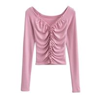 Women's Autumn Winter Light Mature Style Spicy Girl Temperament Fashion V-neck Long Sleeved T-shirt Solid Slim Top M pink