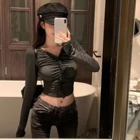 Women's Autumn Winter Light Mature Style Spicy Girl Temperament Fashion V-neck Long Sleeved T-shirt Solid Slim Top L black