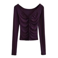 Women's Autumn Winter Light Mature Style Spicy Girl Temperament Fashion V-neck Long Sleeved T-shirt Solid Slim Top L black