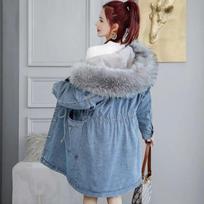 Women's Fleece Lined Thick Denim Padded Coat Mid Length Loose Plus Size Korean Style Winter Jacket XXL gray