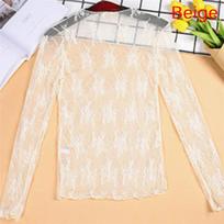 Women Elegant Transparent T-shirt Sexy Long Sleeve Mesh Tulles Spring Summer Lace See Through Undershirt Female Casual Tops One Size white