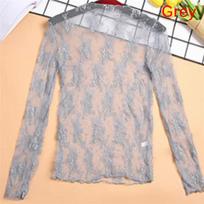 Women Elegant Transparent T-shirt Sexy Long Sleeve Mesh Tulles Spring Summer Lace See Through Undershirt Female Casual Tops One Size gray