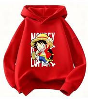 One Piece Monkey D Luffy Chibi Cartoon Print Hoodie Kids Boys Girls Pullover Hooded Sweatshirt Anime Children Streetwear Tops 140 red