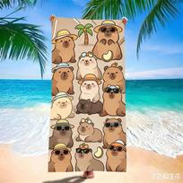 Microfiber Quick Dry Beach Towel - Adorable Capybara Cartoon Print Toast Orange & Stacked Animals, Lightweight Sandless Blanket 50x100cm beige