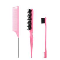 3Pcs Slick Back Hair Brush Set Bristle Hair Brush Brush Teasing Comb for Women Black Hair pink