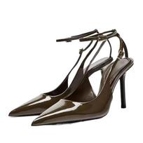 Fashion Sexy Pointed Toe Ankle Straps Buckle Women Pumps Patent Leather Slingbacks High Heels Elegant Party Shoe Stiletto Heeled Sandals 38 gray