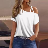 Women's Fashion Casual Print Sexy Cold Shoulder Short Sleeve T-shirt Top XL white