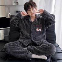 Boys Warm Coral Fleece Pajama Set Long Sleeve Thickened Home Wear Kids Winter Size 16 135-145cm / 55-68lbs gray