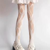 Punk Women Broken Hole Stockings Women Black Hollow Out Tights Stockings Sexy Fishing Net Leggings Streetwears JK Lolita Hosiery One Size white