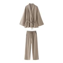 Long-Sleeve Women's American Kimono Style Outerwear Set with Casual Pants S gray