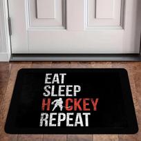 1pcs Vintage Hockey Doormat  Eat Sleep Hockey Repeat  Black Base White Red Text Non Slip Washable Entry Rug 60cm x 90cm white