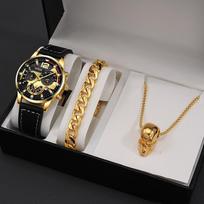 3PCS Set Mens Watches Men Skull Head Necklace Bracelet Nylon Quartz Watch Male Business Casual Wrist Watch white